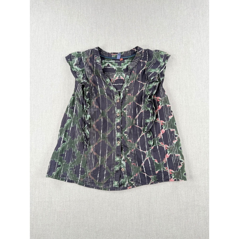 Pilcro Anthropologie Ruffle Button Down Blouse Green Pink Metallic Stripe M